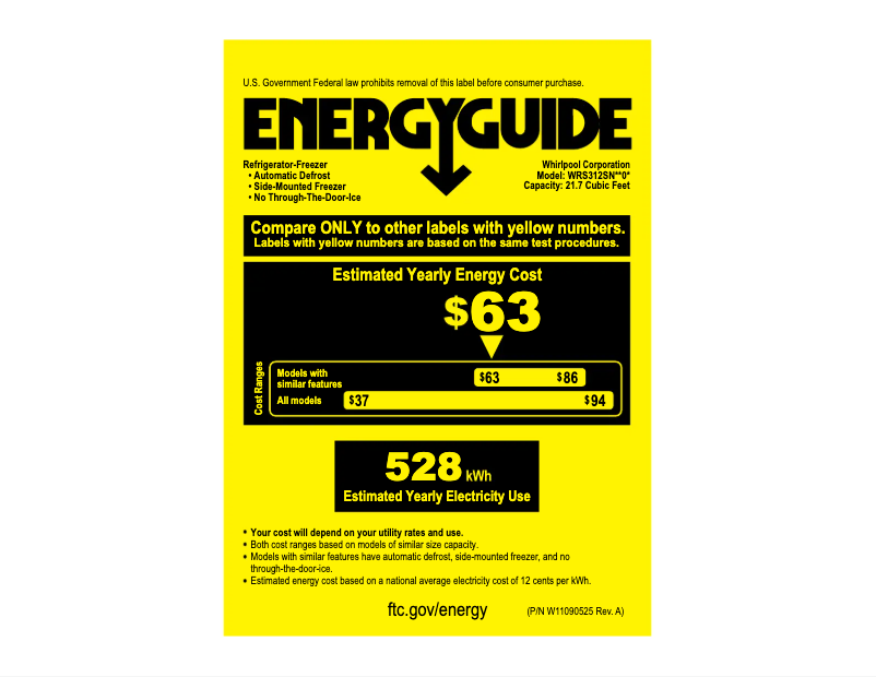 Page 1 de la notice Label énergétique Whirlpool WRS312SNHB