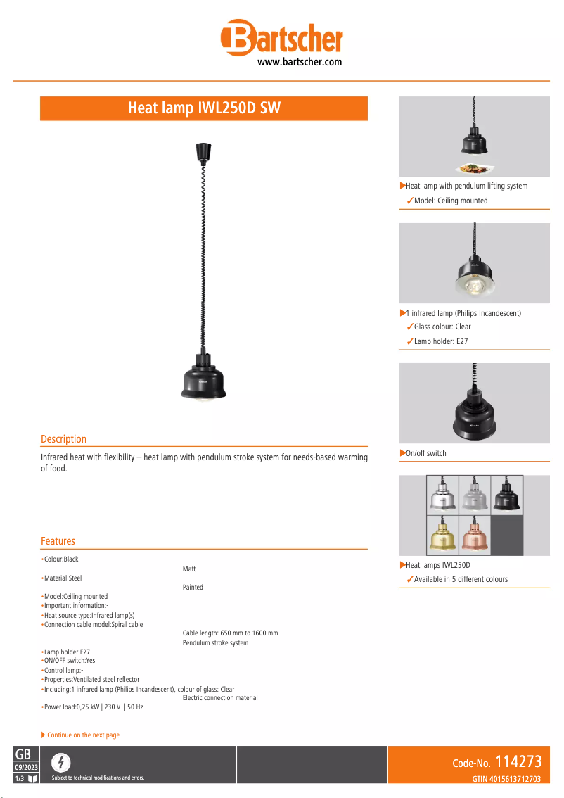 Page 1 de la notice Fiche technique Bartscher IWL250D SW