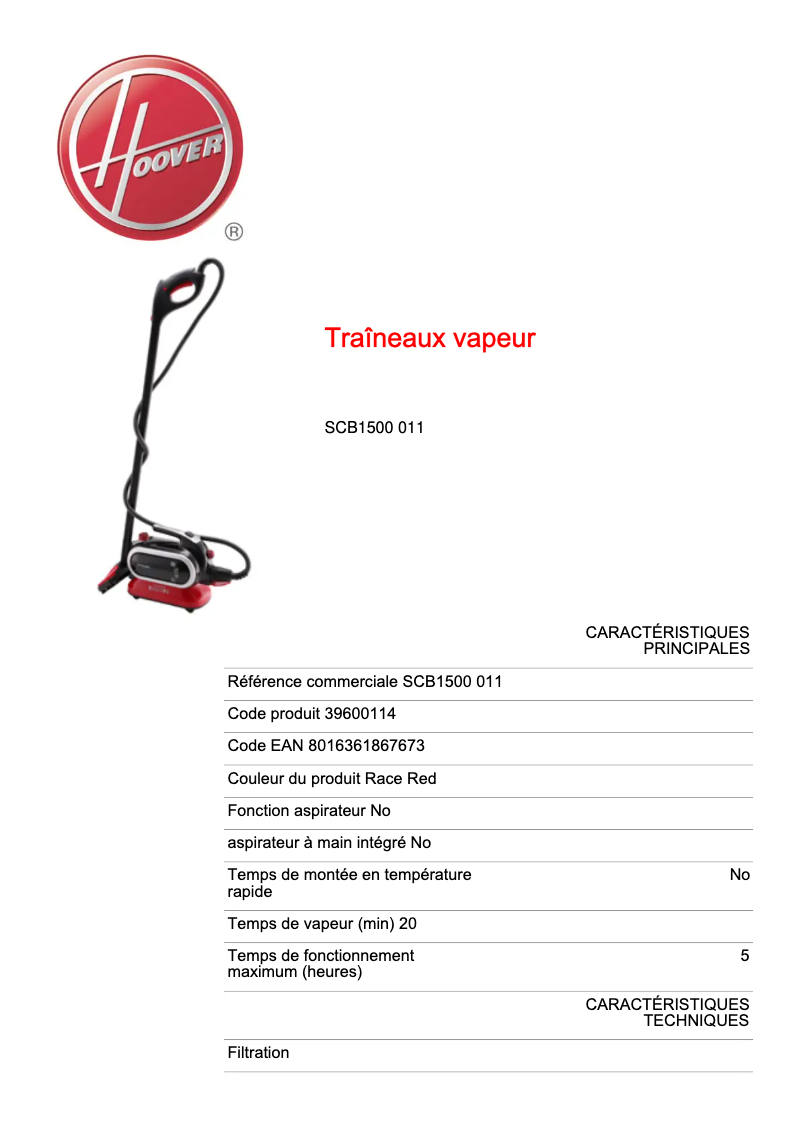 Page 1 de la notice Fiche technique Hoover SteamJet SCB1500 011