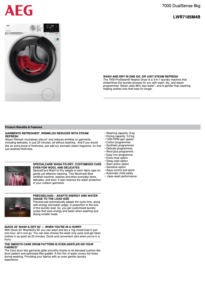Page 1 de la notice Fiche technique AEG LWR7185M4B