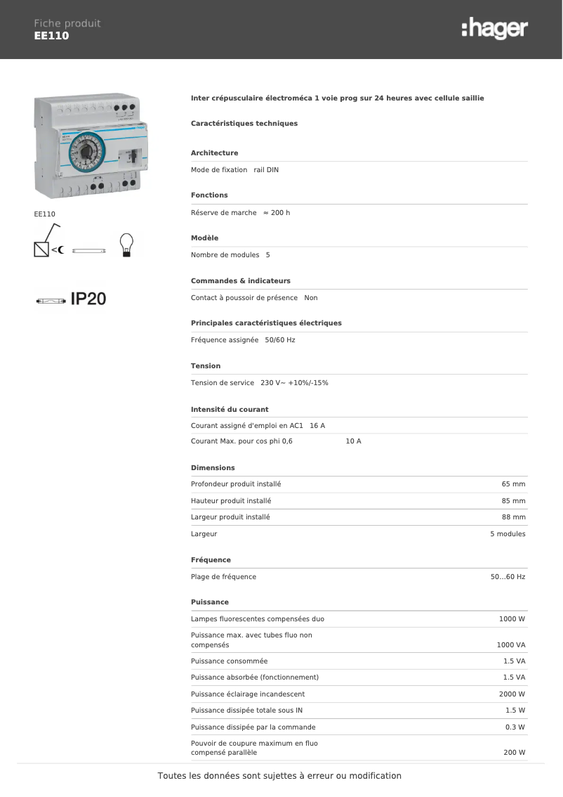 Page 1 de la notice Fiche technique Hager EE110