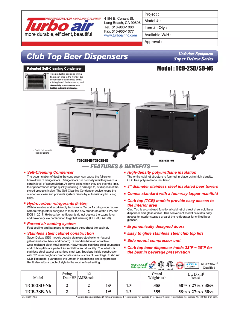 Página 1 del manual Ficha técnica Turbo air TCB-2SD