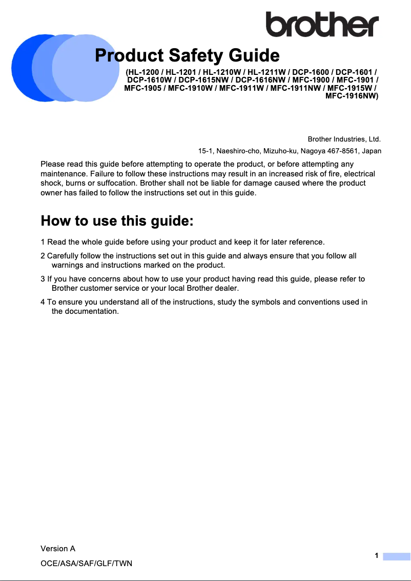 Page n°1 - Instructions de sécurité Brother HL-1210W