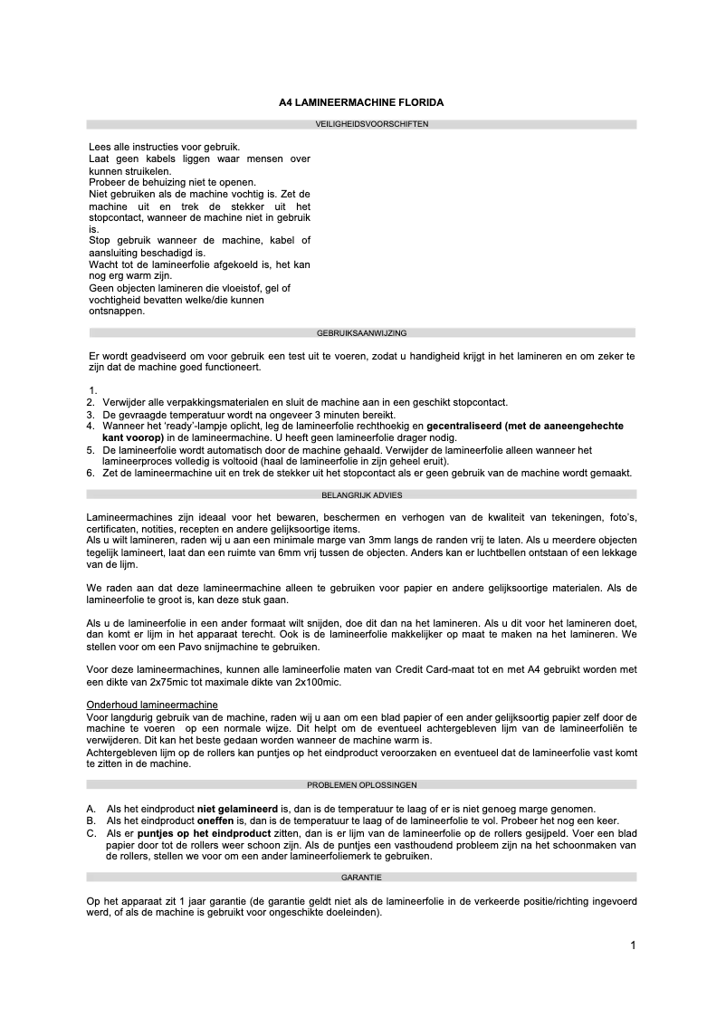 Page 1 de la notice Manuel utilisateur Pavo Florida A4
