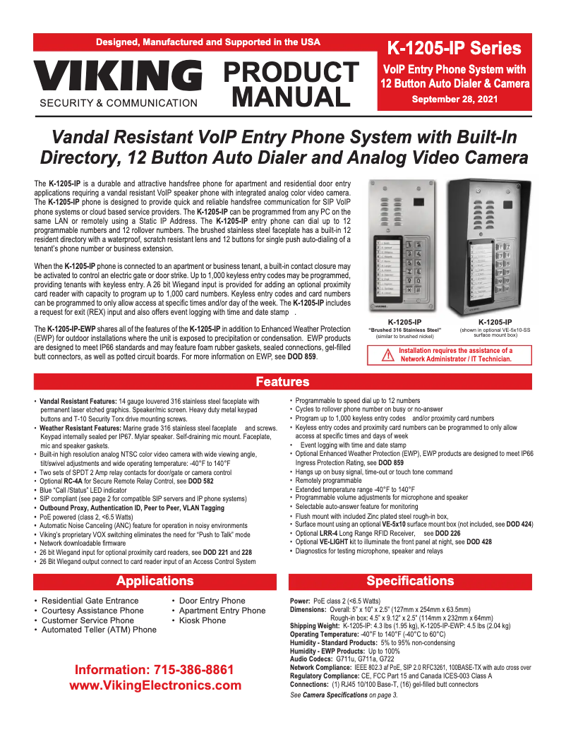Page 1 de la notice Manuel utilisateur Viking K-1205-IP-EWP