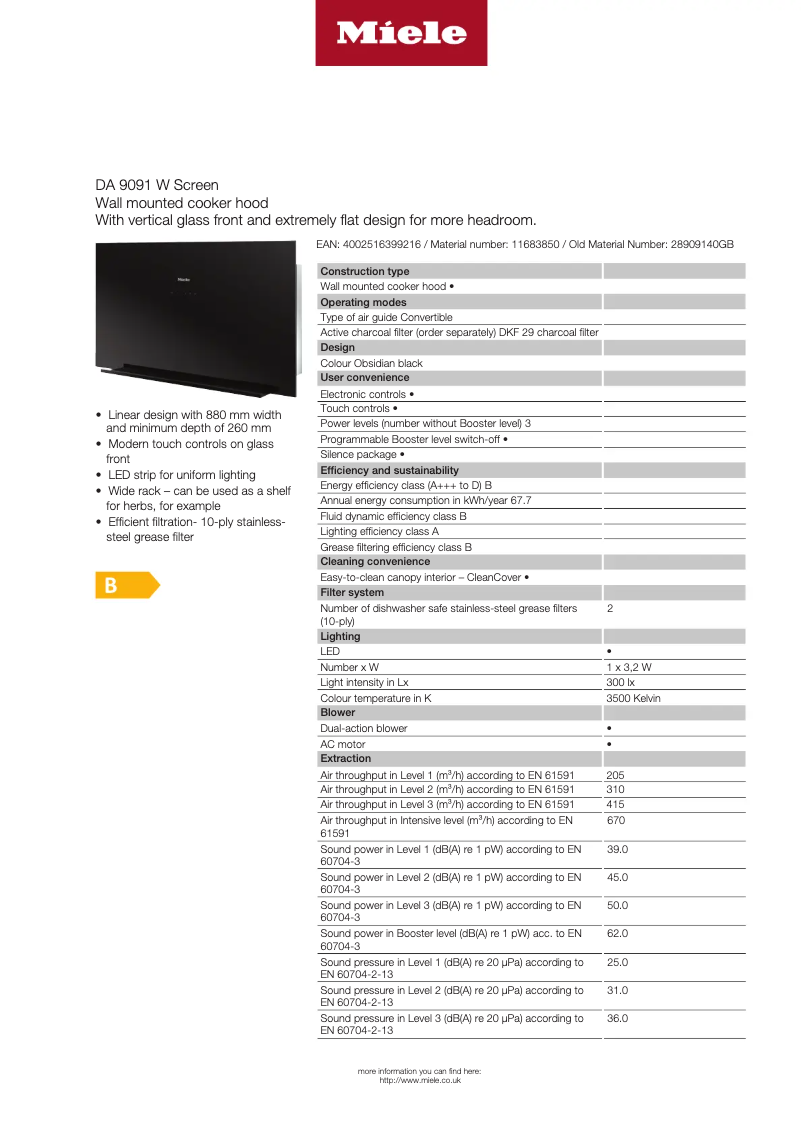 Page 1 de la notice Fiche technique Miele DA 9091 W