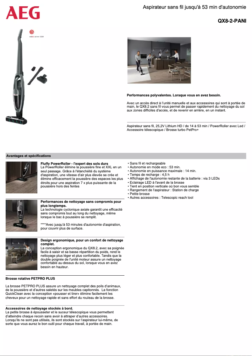 Page 1 de la notice Fiche technique AEG QX8-2-PANI