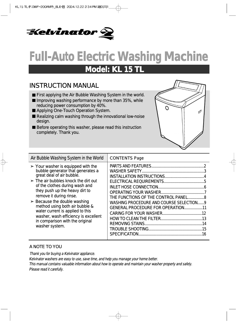Page 1 de la notice Manuel utilisateur Kelvinator KL15TL