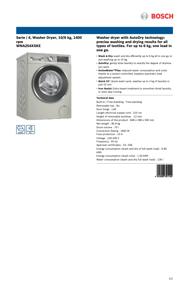 Página 1 del manual Ficha técnica Bosch WNA254XSKE