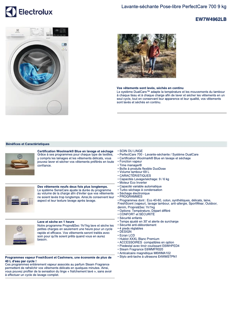 Page 1 de la notice Fiche technique Electrolux EW7W4962LB