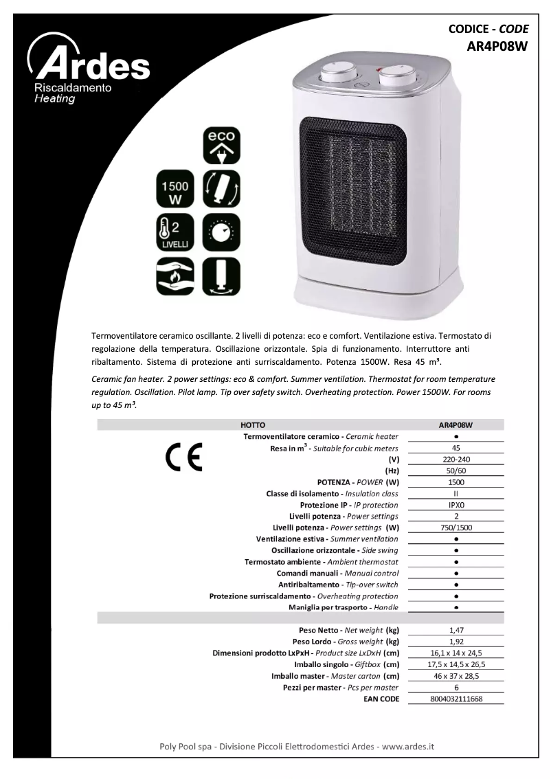Página 1 del manual Ficha técnica Ardes AR4P08W