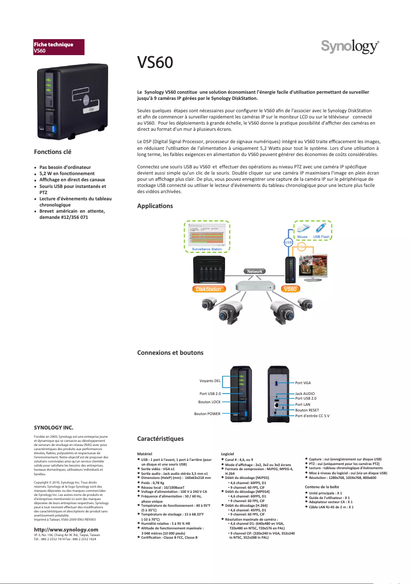 Page 1 de la notice Fiche technique Synology VS60