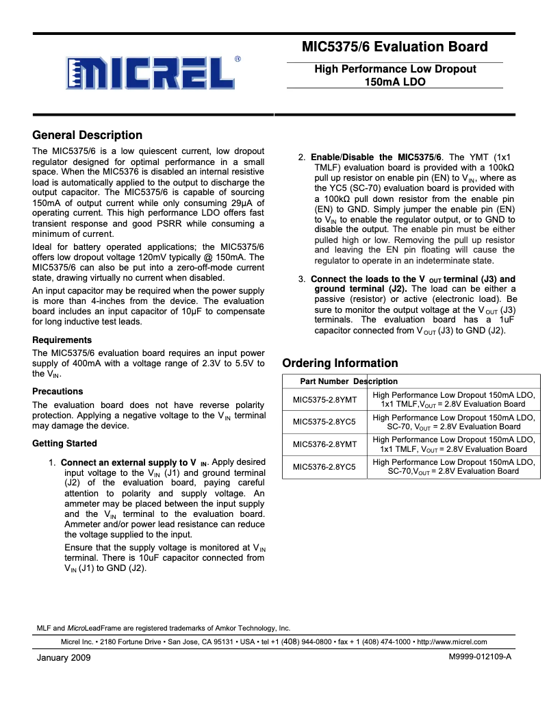 Page 1 de la notice Manuel utilisateur Microchip MIC5375/6