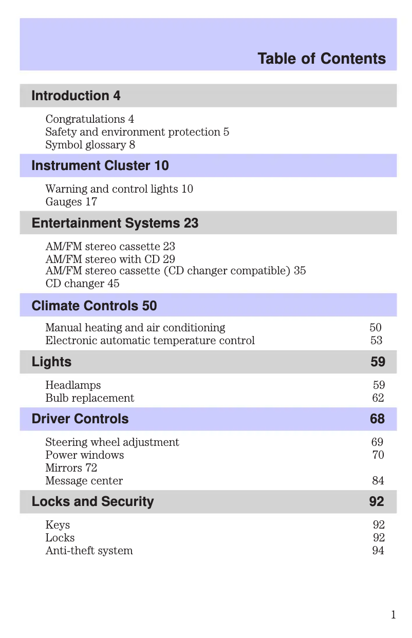 Page 1 de la notice Manuel utilisateur Mercury Grand Marquis (2001)