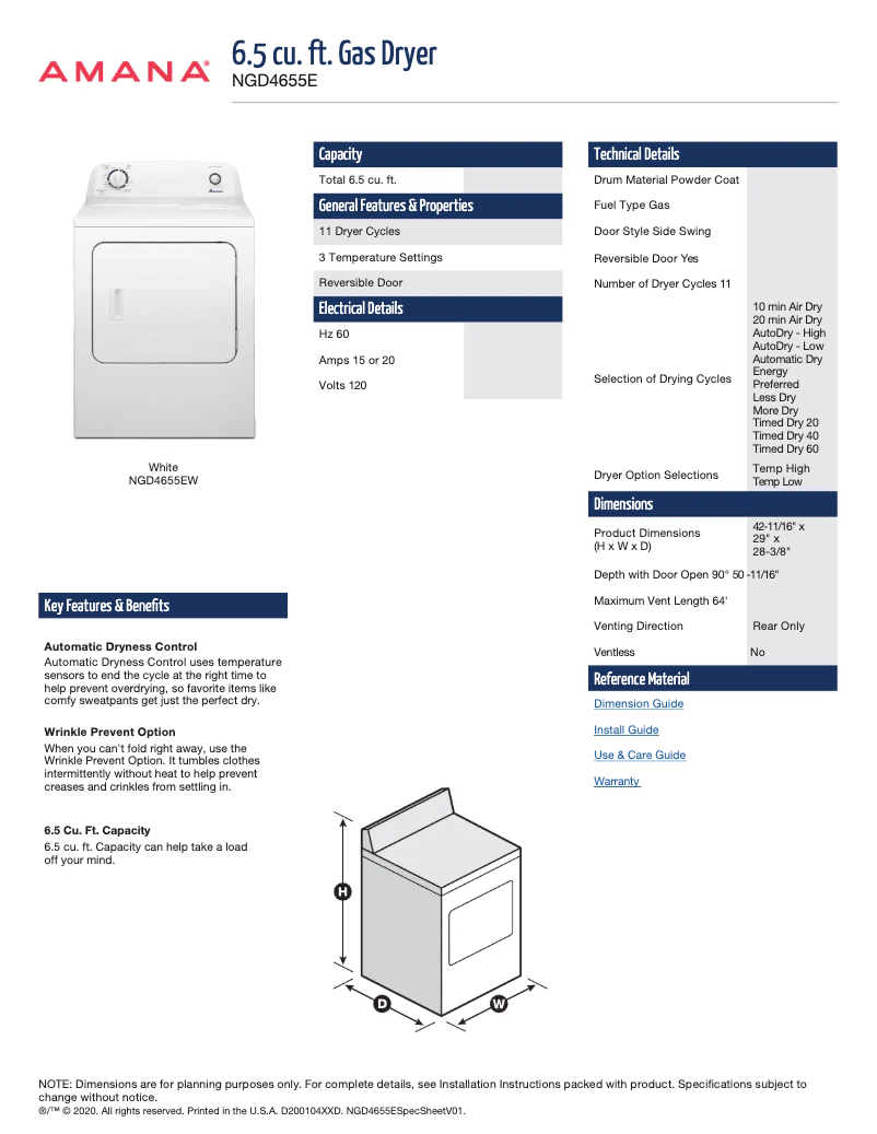 Page n°1 - Fiche technique Amana NGD4655EW