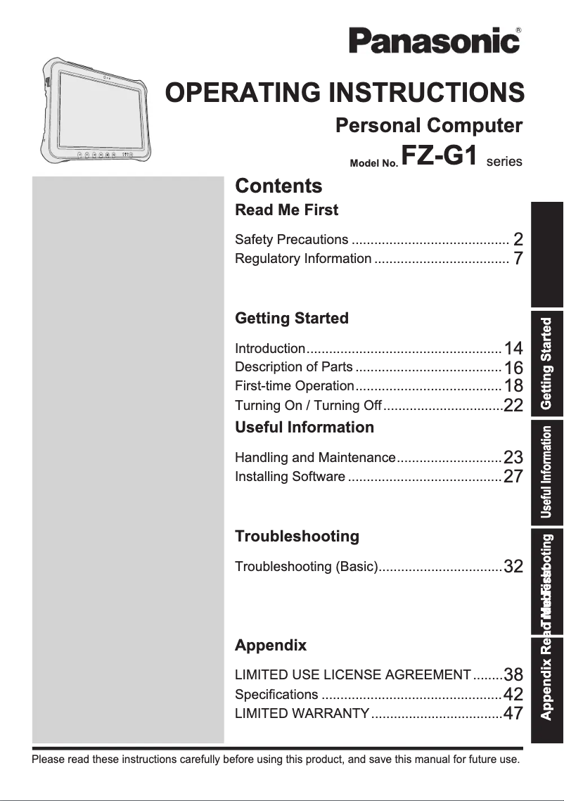 Image de la première page du manuel de l'appareil Toughbook FZ-G1