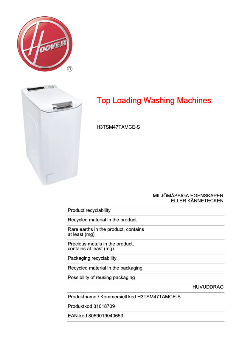 Page 1 de la notice Fiche technique Hoover H3TSM47TAMCE-S