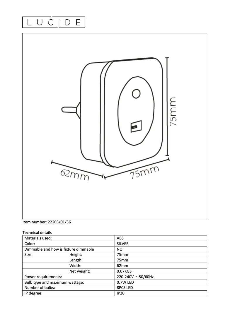 Page 1 de la notice Manuel utilisateur Lucide Led night light 22203/01/36