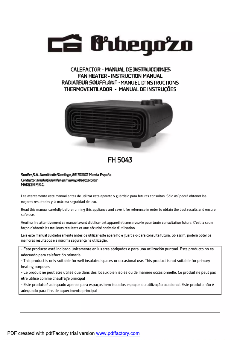 Page 1 de la notice Manuel utilisateur Orbegozo FH 5043