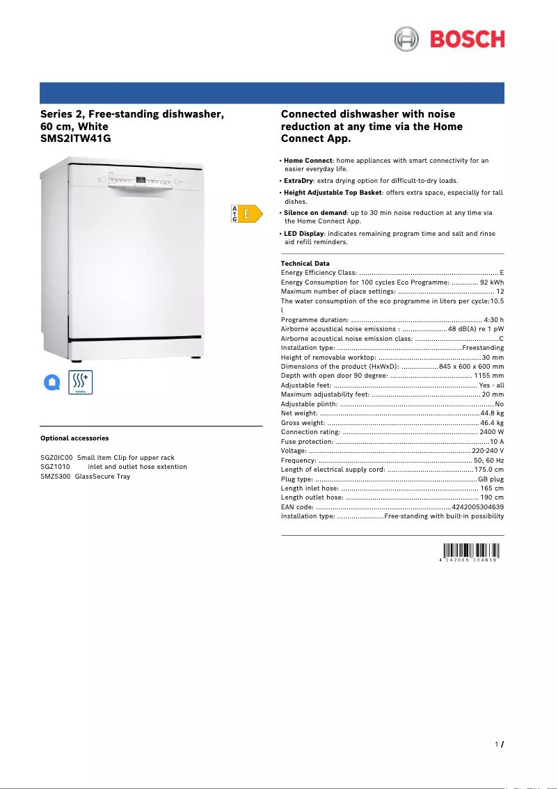 Image de la première page du manuel de l'appareil SMS2ITW41G