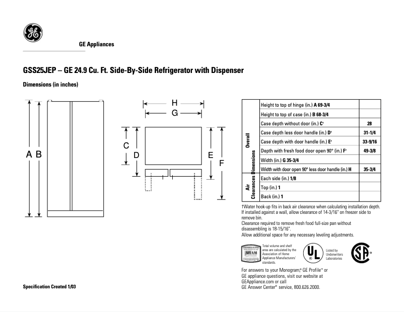 Page 1 of the manual Technical Sheet GE GSS25JEPBB