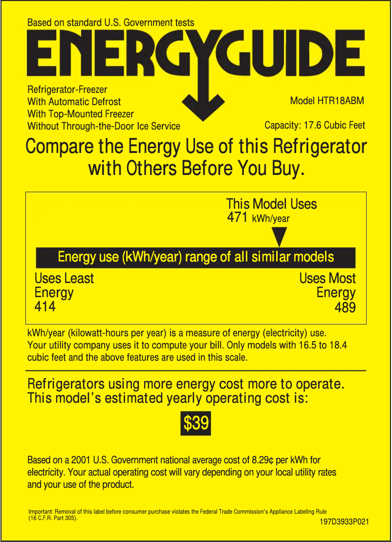Page n°1 - Label énergétique Hotpoint HTR18ABMWW