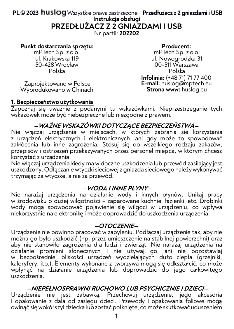 Page n°1 - Manuel utilisateur Huslog EMX-190124