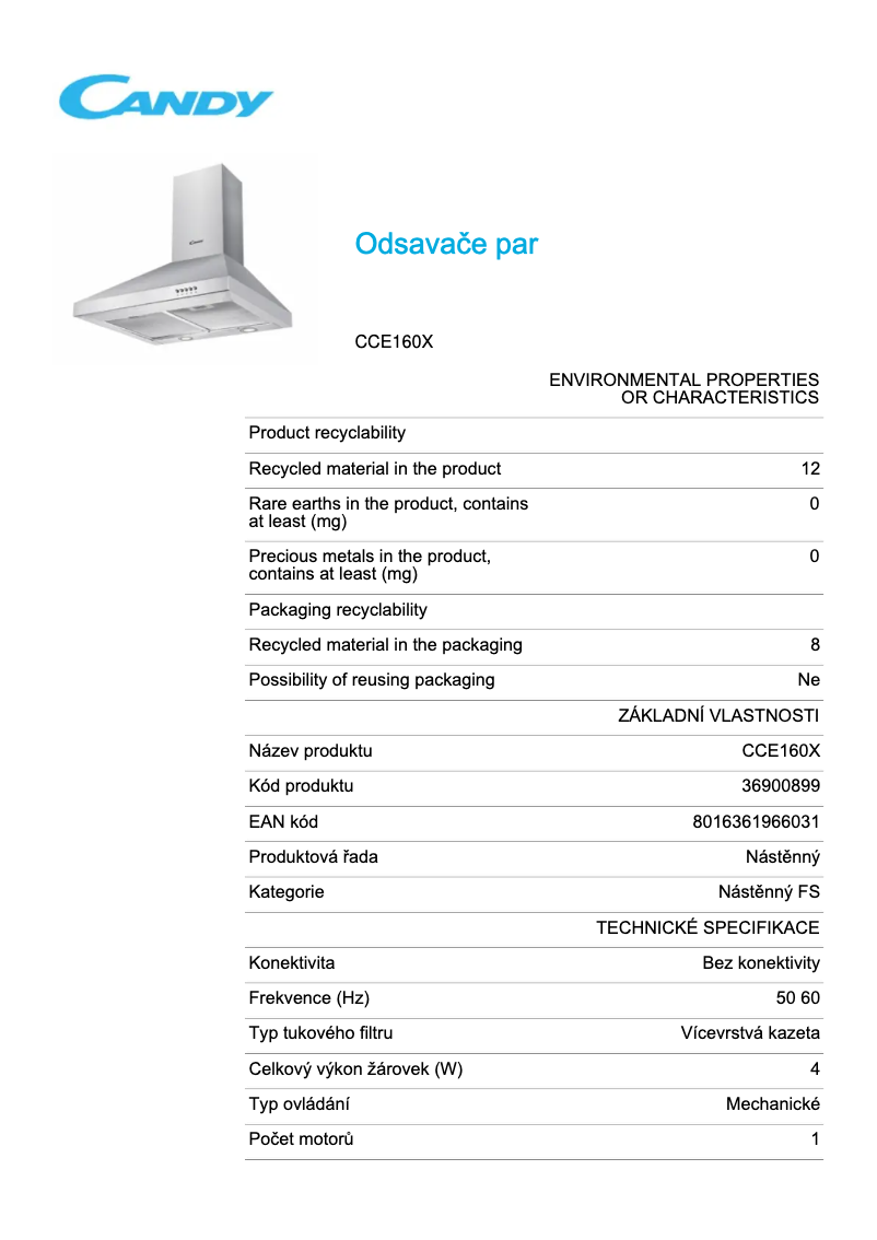 Page 1 de la notice Fiche technique Candy CCE160X