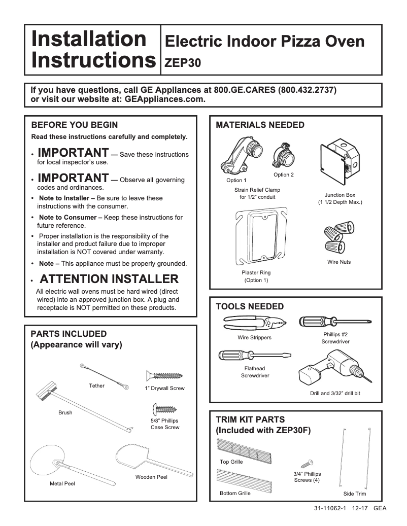 Page 1 de la notice Guide d'installation Monogram ZEP30FLSS