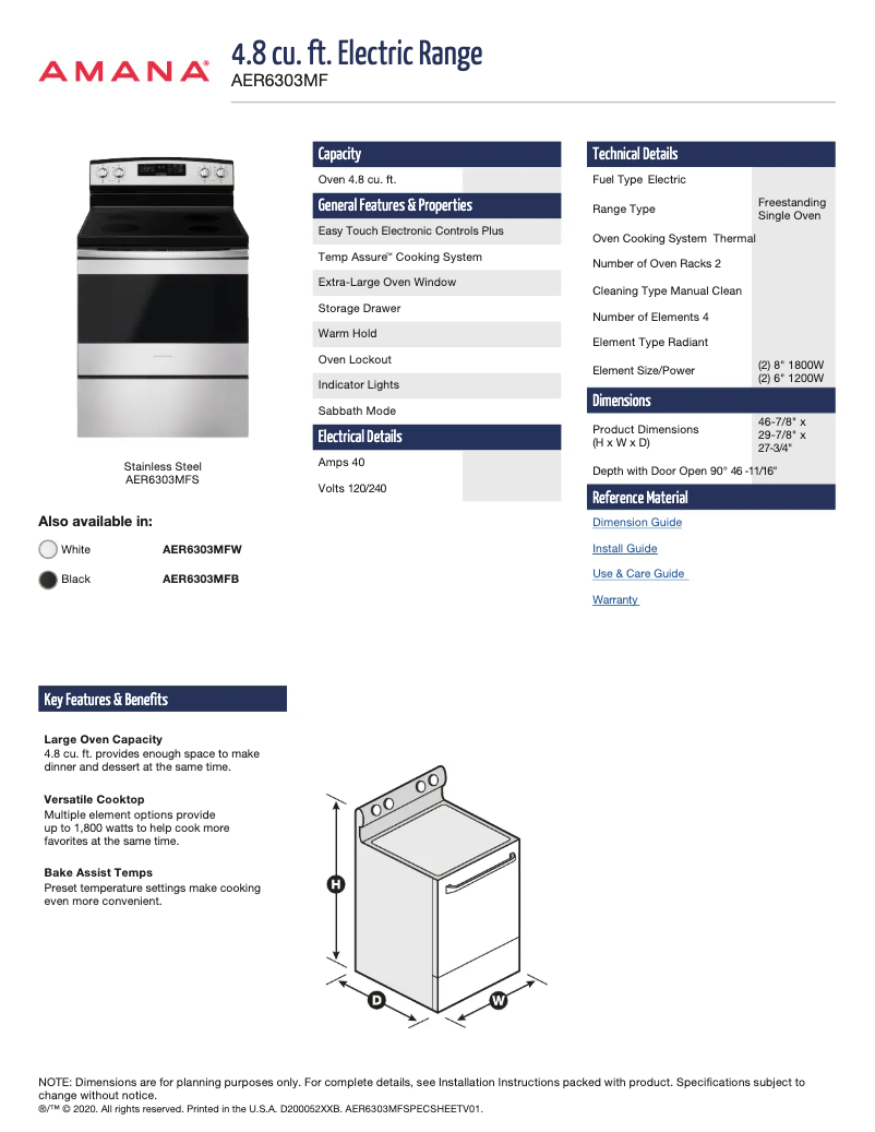 Page 1 of the manual Technical Sheet Amana AER6303MFW