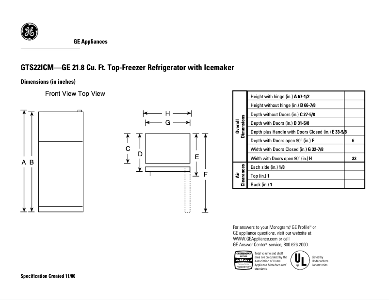 Page 1 de la notice Fiche technique GE GTS22ICMWW
