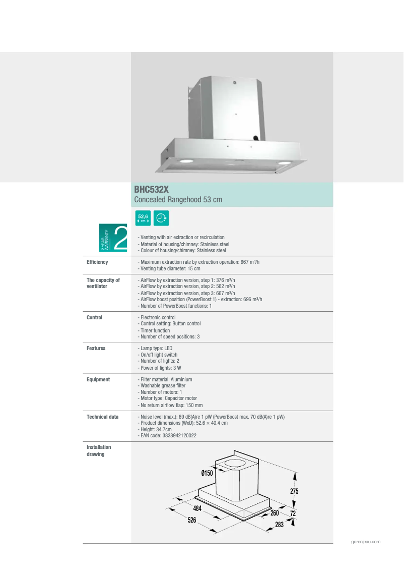Page n°1 - Fiche technique Gorenje BHC532X