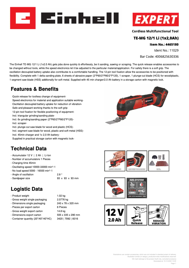 Page n°1 - Fiche technique Einhell TE-MG 12/1 Li