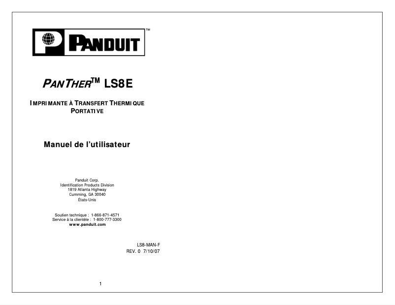 Page 1 de la notice Manuel utilisateur Panduit Panther LS8E