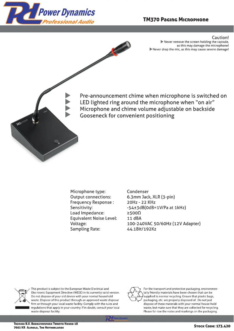 Page 1 de la notice Fiche technique Power Dynamics TM370