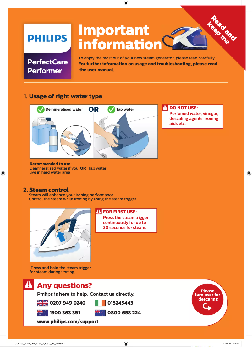 Image de la première page du manuel de l'appareil PerfectCare Performer GC8712