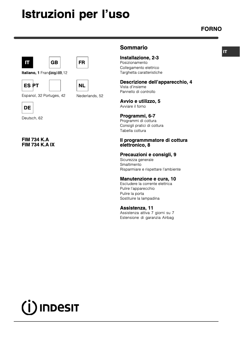Page 1 de la notice Manuel utilisateur Indesit FIM 734 KA