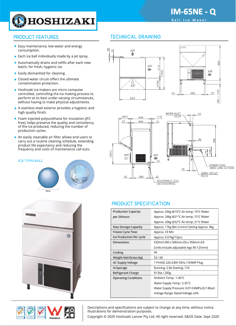 Page 1 de la notice Fiche technique Hoshizaki IM-65LE