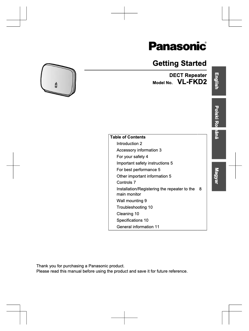 Page 1 de la notice Manuel utilisateur Panasonic VL-FKD2