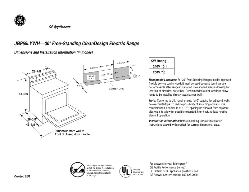 Page 1 of the manual Technical Sheet GE JBP58LYWH