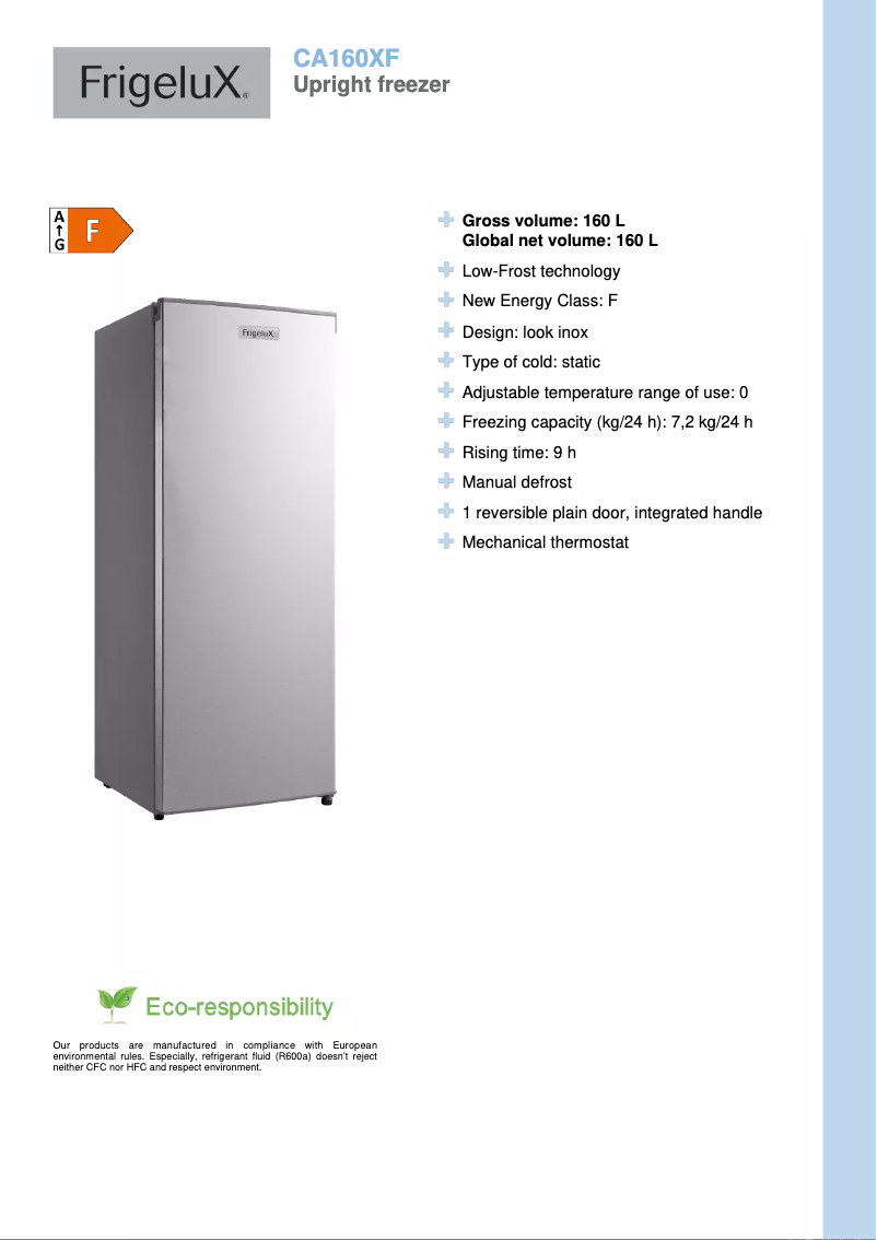 Page 1 of the manual Technical Sheet FrigeluX CA160XF