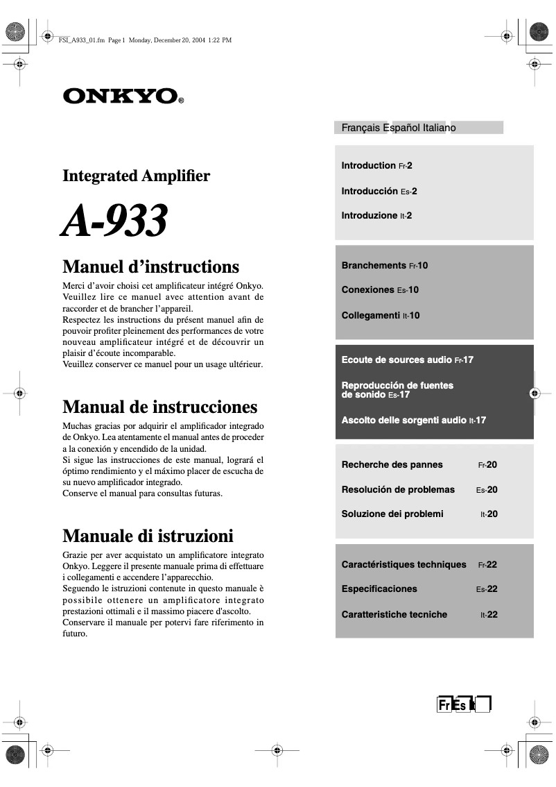 Page n°1 - Manuel utilisateur Onkyo A-933