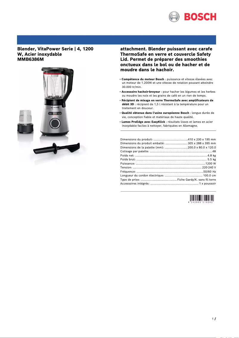 Page 1 de la notice Fiche technique Bosch MMB6386M