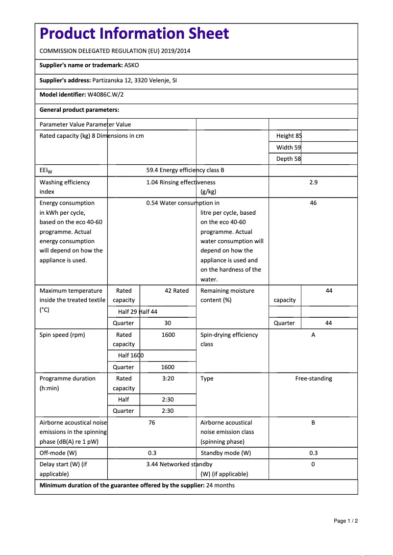 Page n°1 - Fiche technique Asko W4086C.W