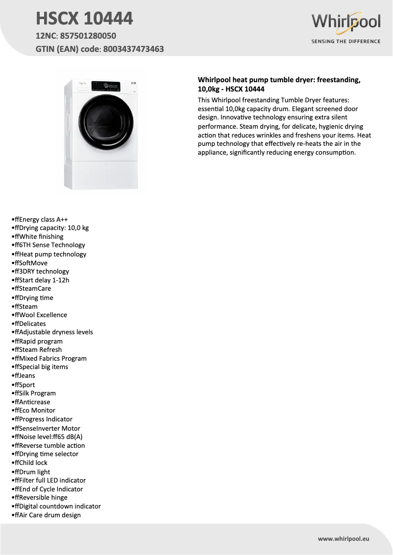 Page 1 de la notice Fiche technique Whirlpool HSCX 10444