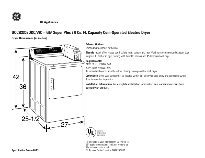 Page n°1 - Fiche technique GE DCCB330EDWC