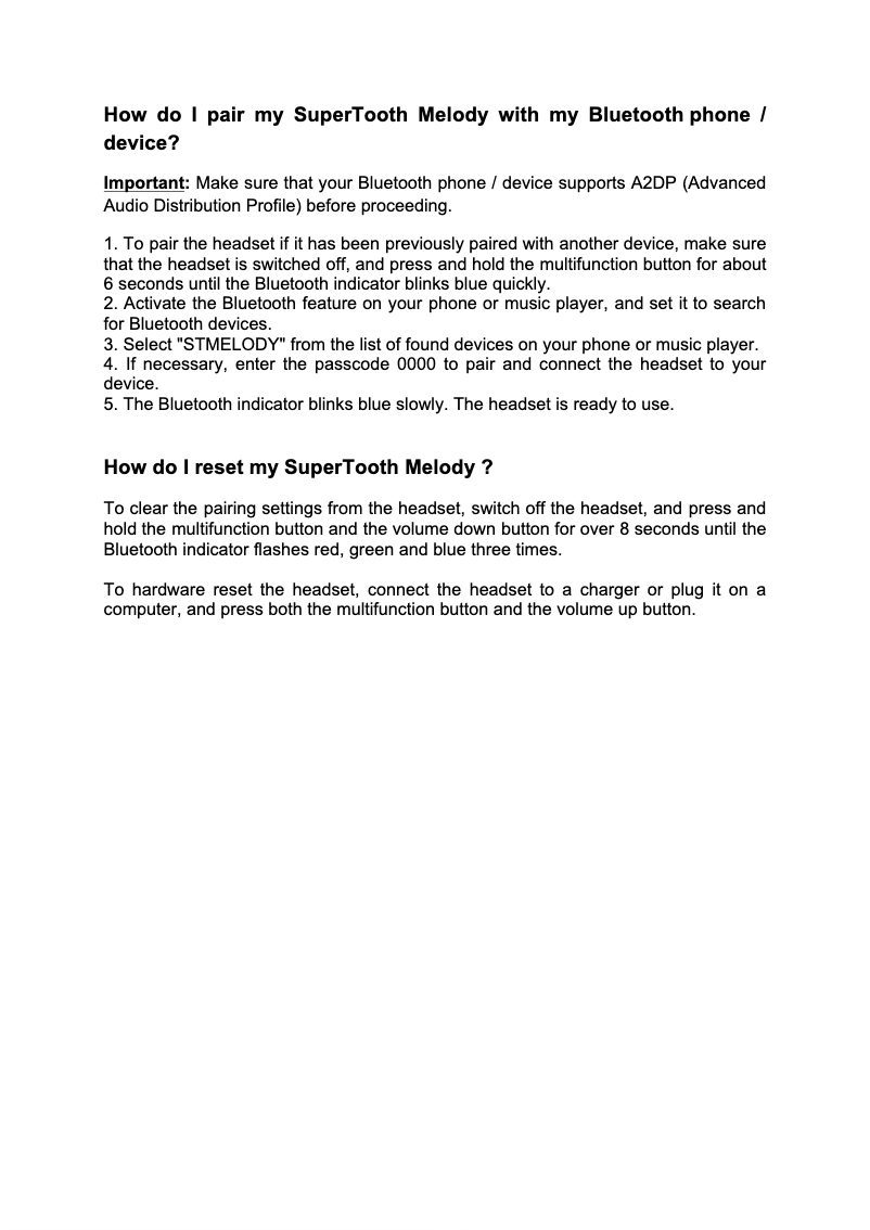 Page 1 de la notice FAQ SuperTooth Melody