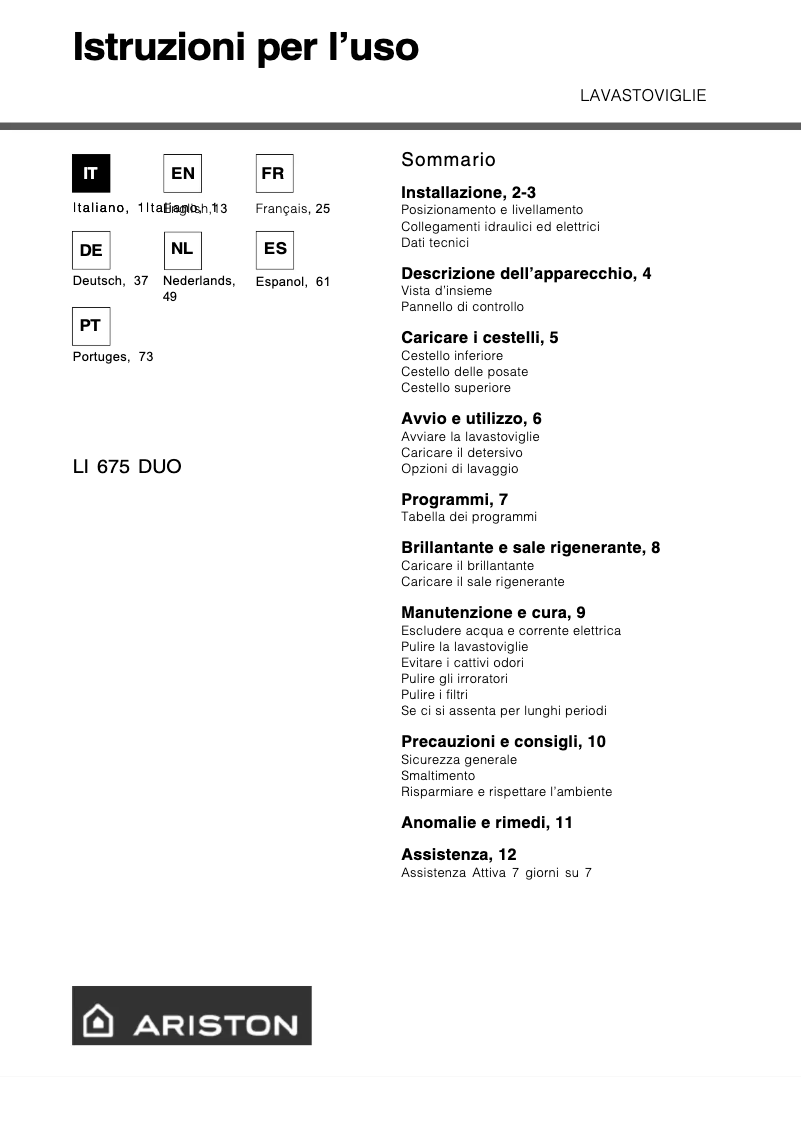 Page 1 de la notice Manuel utilisateur Hotpoint Ariston LI 675 DUO