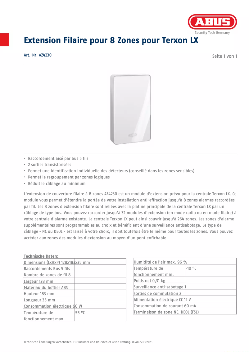 Page n°1 - Fiche technique Abus AZ4230