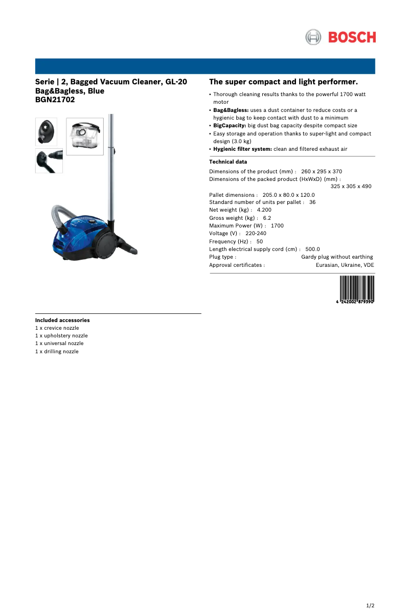 Page 1 of the manual Technical Sheet Bosch BGN21702